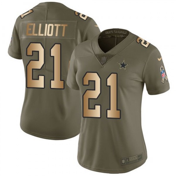 Women's Cowboys #21 Ezekiel Elliott Olive Gold Stitched NFL Limited 2017 Salute to Service Jersey