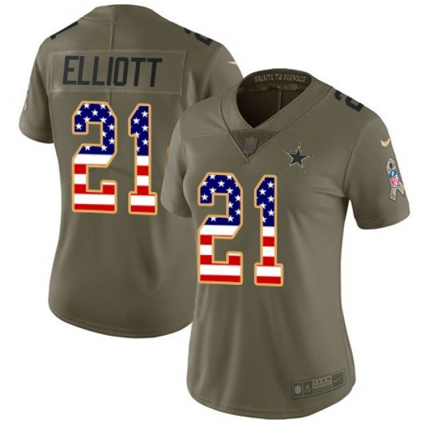 Women's Cowboys #21 Ezekiel Elliott Olive USA Flag Stitched NFL Limited 2017 Salute to Service Jersey