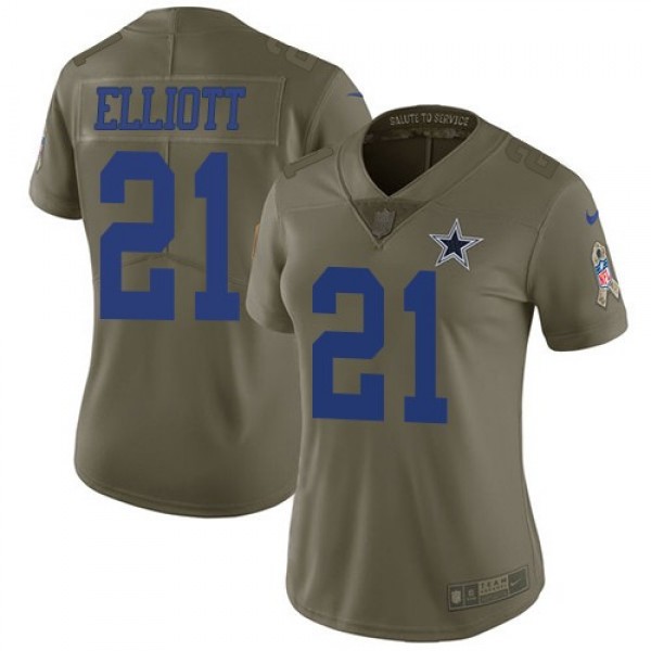 Women's Cowboys #21 Ezekiel Elliott Olive Stitched NFL Limited 2017 Salute to Service Jersey