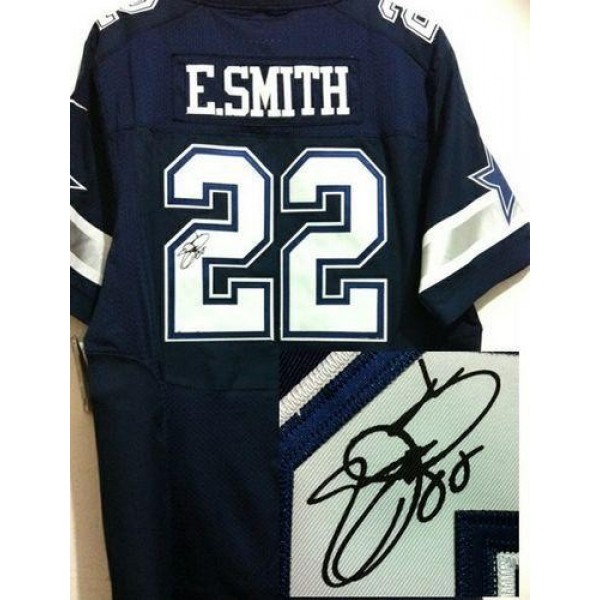 Nike Cowboys #22 Emmitt Smith Navy Blue Team Color Men's Stitched NFL Elite Autographed Jersey