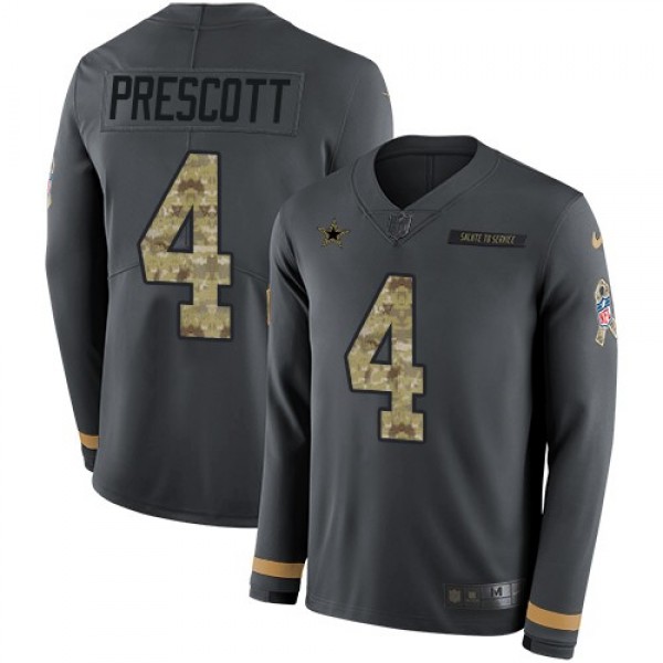 Nike Cowboys #4 Dak Prescott Anthracite Salute to Service Men's Stitched NFL Limited Therma Long Sleeve Jersey