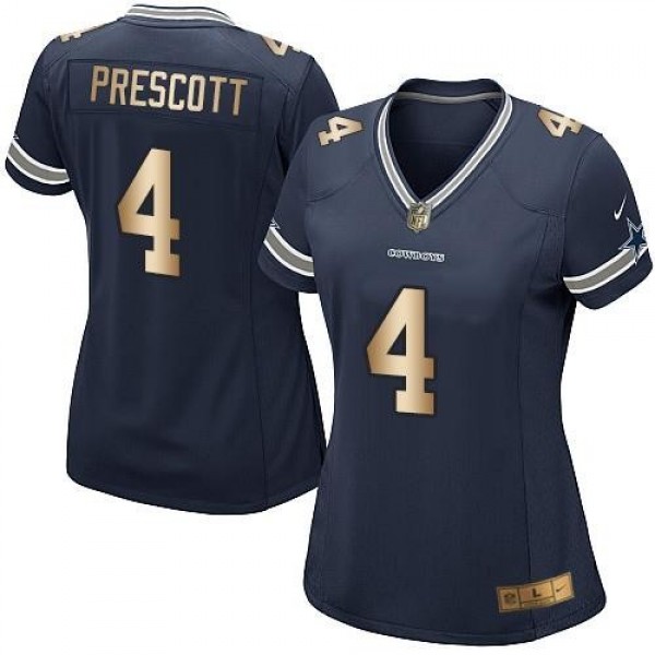Women's Cowboys #4 Dak Prescott Navy Blue Team Color Stitched NFL Elite Gold Jersey