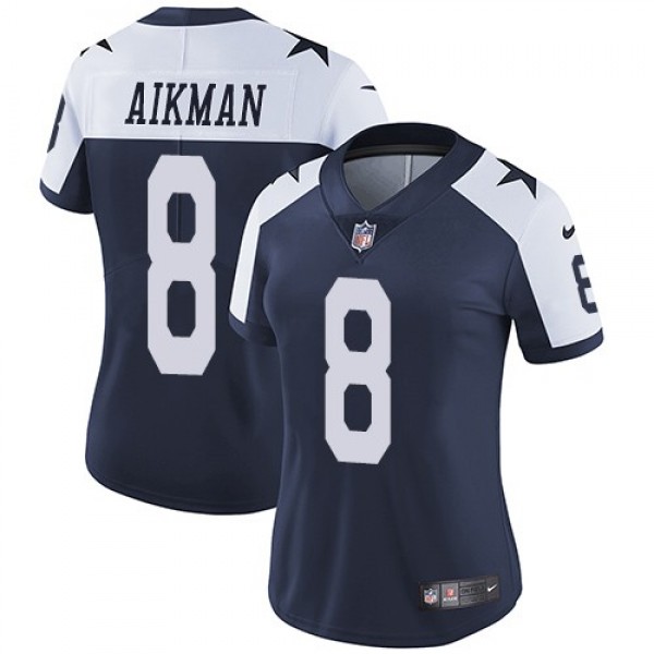 Women's Cowboys #8 Troy Aikman Navy Blue Thanksgiving Stitched NFL Vapor Untouchable Limited Throwback Jersey