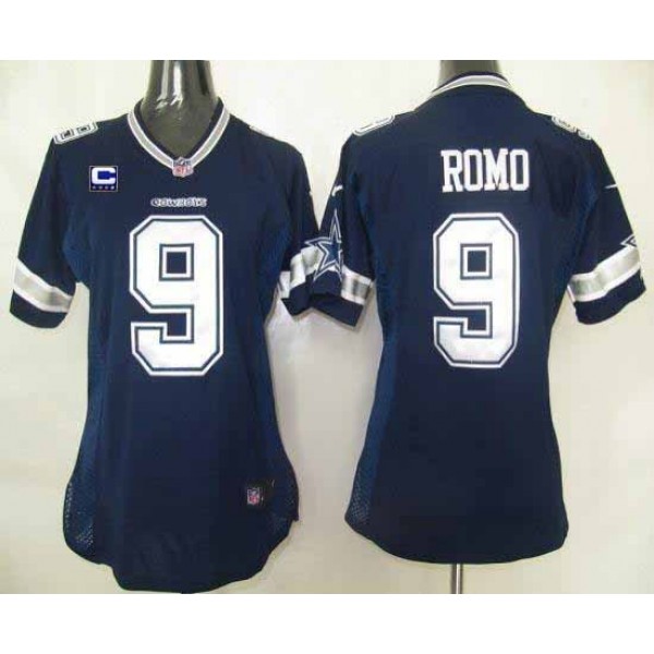 Women's Cowboys #9 Tony Romo Navy Blue Team Color With C Patch Stitched NFL Elite Jersey
