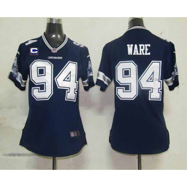 Women's Cowboys #94 DeMarcus Ware Navy Blue Team Color With C Patch Stitched NFL Elite Jersey