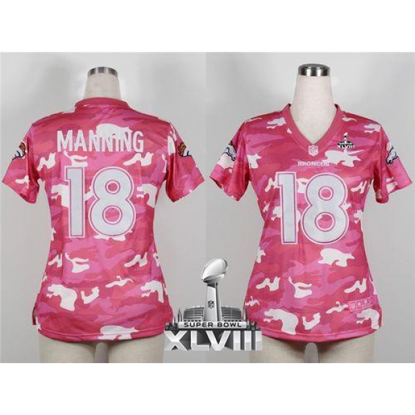 Women's Broncos #18 Peyton Manning Pink Super Bowl XLVIII Stitched NFL Elite Camo Jersey