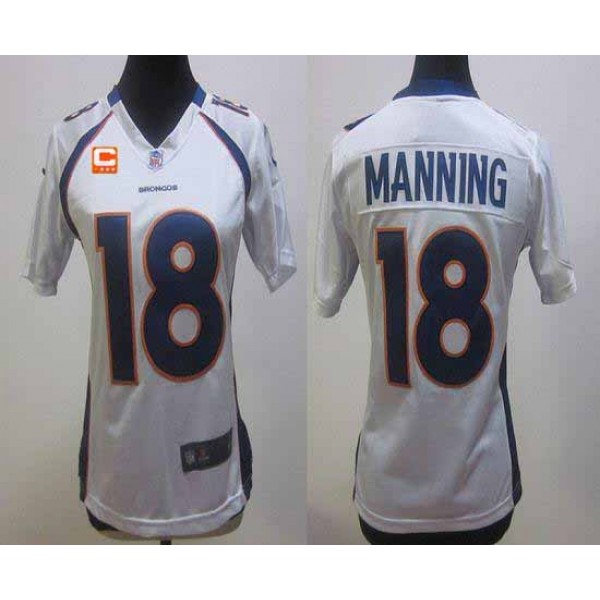 Women's Broncos #18 Peyton Manning White With C Patch Stitched NFL Elite Jersey
