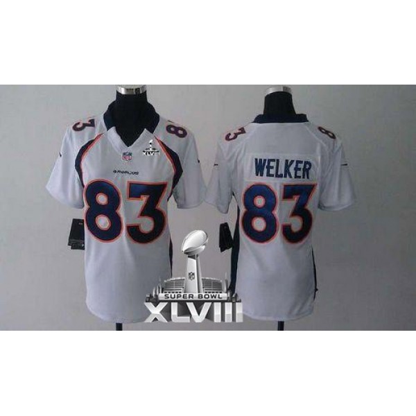 Women's Broncos #83 Wes Welker White Super Bowl XLVIII Stitched NFL Elite Jersey