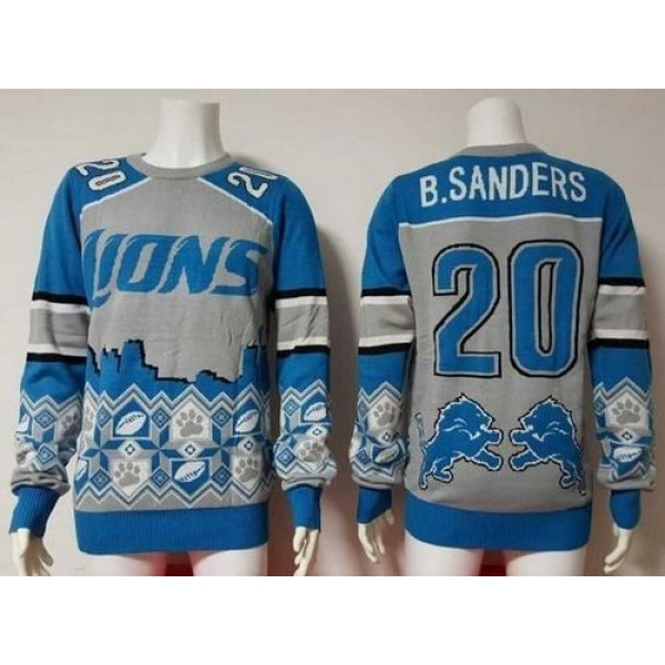 Nike Lions #20 Barry Sanders Blue/Grey Men's Ugly Sweater