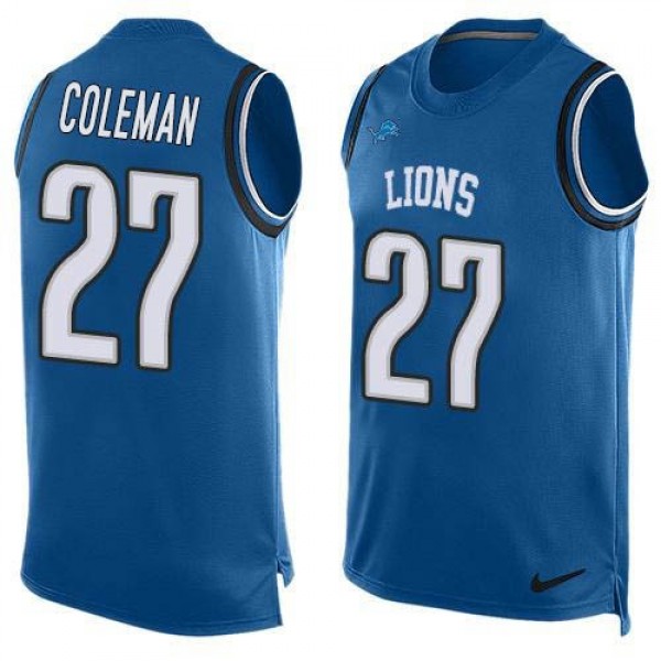 Nike Lions #27 Justin Coleman Blue Team Color Men's Stitched NFL Limited Tank Top Jersey