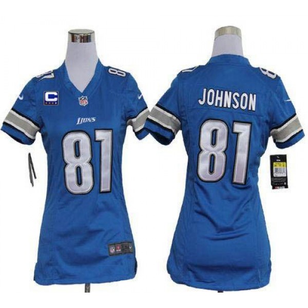 Women's Lions #81 Calvin Johnson Light Blue Team Color With C Patch Stitched NFL Elite Jersey