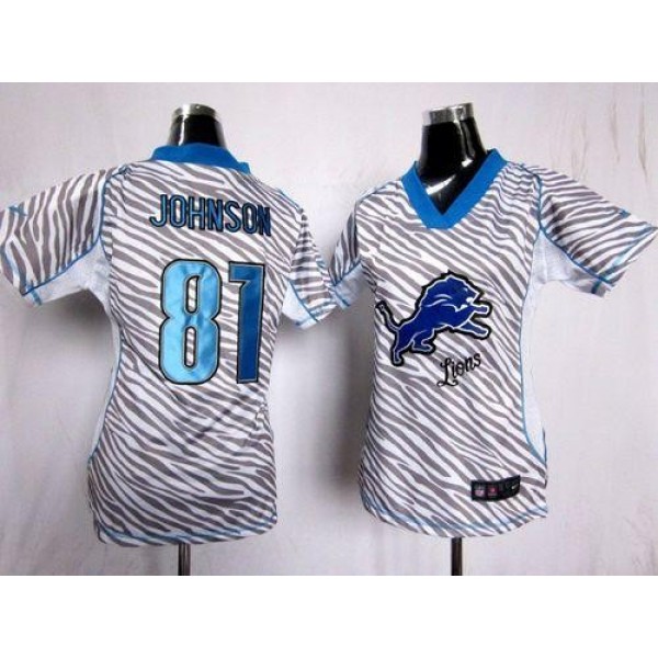 Women's Lions #81 Calvin Johnson Zebra Stitched NFL Elite Jersey