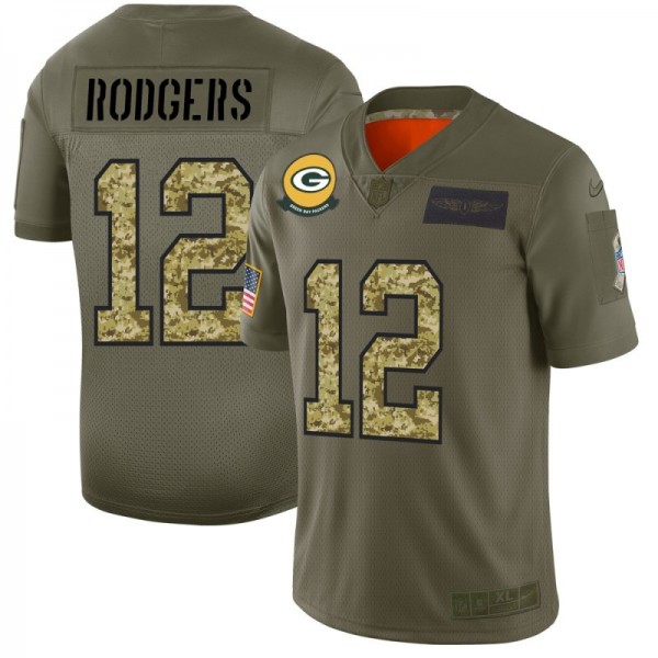 Green Bay Packers #12 Aaron Rodgers Men's Nike 2019 Olive Camo Salute To Service Limited NFL Jersey