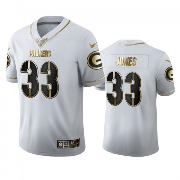 Green Bay Packers #33 Aaron Jones Men's Nike White Golden Edition Vapor Limited NFL 100 Jersey