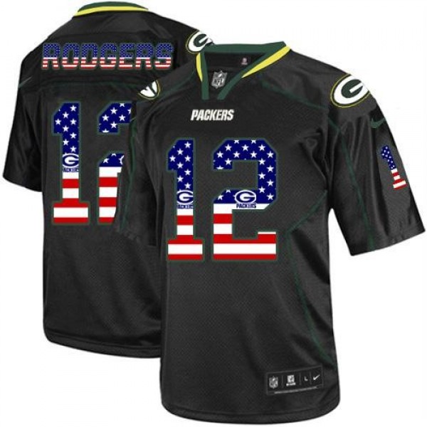 Nike Packers #12 Aaron Rodgers Black Men's Stitched NFL Elite USA Flag Fashion Jersey
