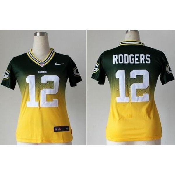 Women's Packers #12 Aaron Rodgers Green Gold Stitched NFL Elite Fadeaway Jersey
