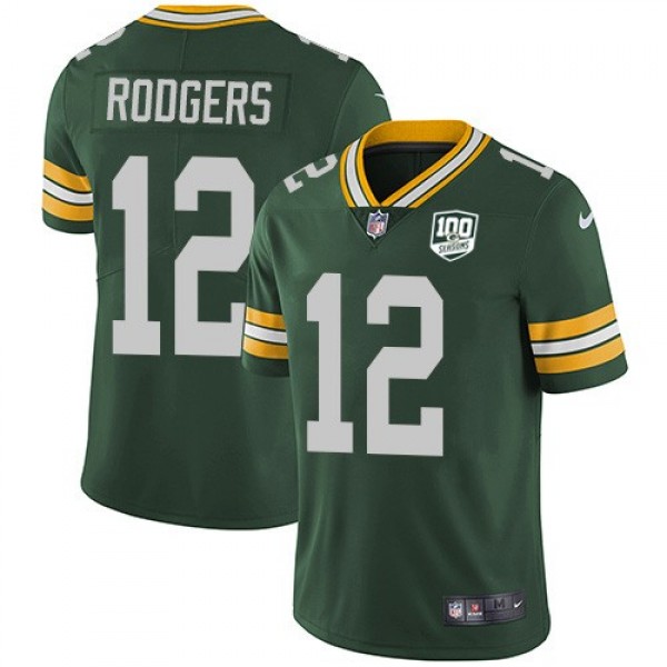 Nike Packers #12 Aaron Rodgers Green Team Color Men's 100th Season Stitched NFL Vapor Untouchable Limited Jersey