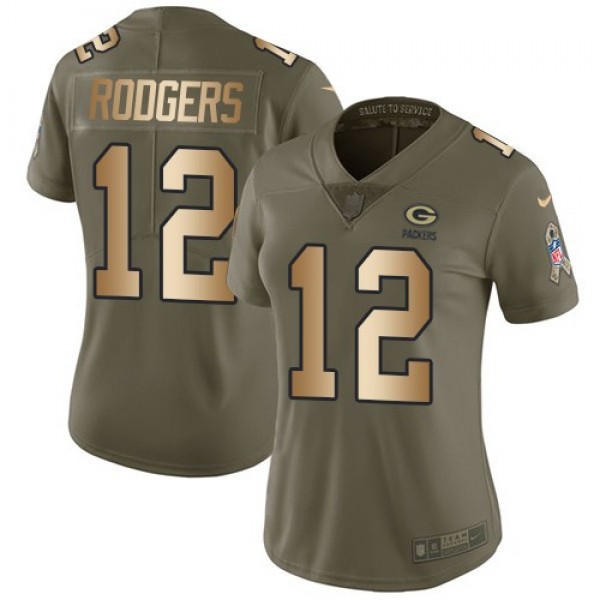 Women's Packers #12 Aaron Rodgers Olive Gold Stitched NFL Limited 2017 Salute to Service Jersey