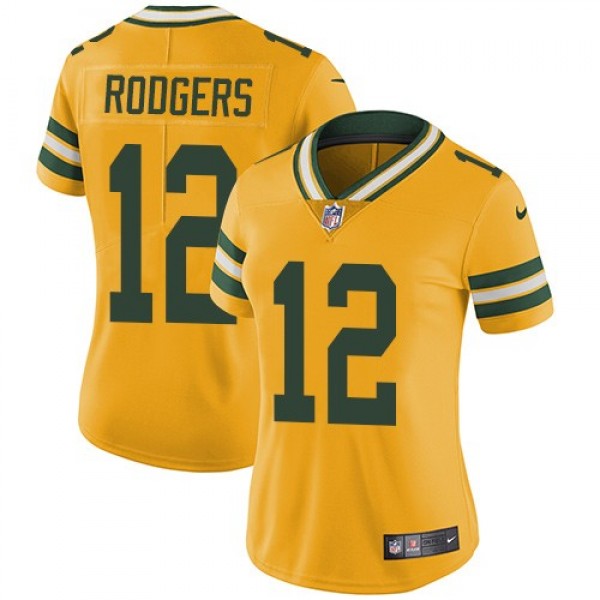 Women's Packers #12 Aaron Rodgers Yellow Stitched NFL Limited Rush Jersey