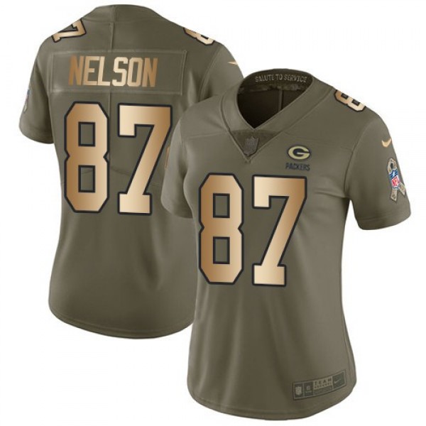 Women's Packers #87 Jordy Nelson Olive Gold Stitched NFL Limited 2017 Salute to Service Jersey