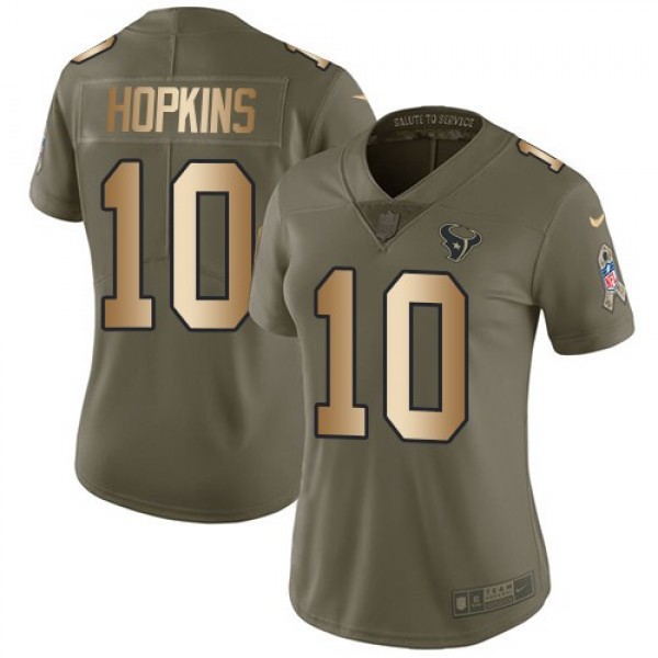 Women's Texans #10 DeAndre Hopkins Olive Gold Stitched NFL Limited 2017 Salute to Service Jersey