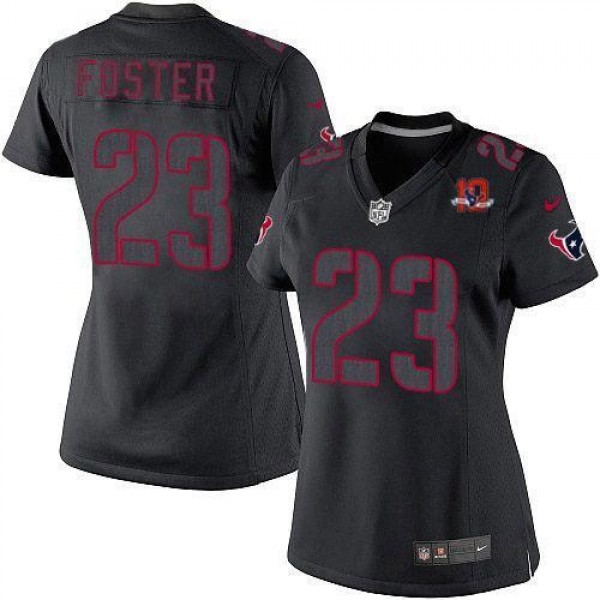 Women's Texans #23 Arian Foster Black Impact With 10TH Patch Stitched NFL Limited Jersey
