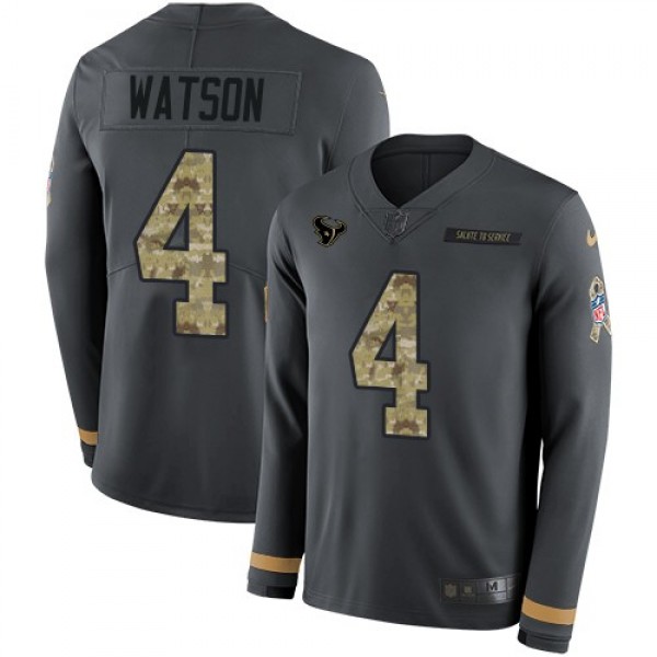 Nike Texans #4 Deshaun Watson Anthracite Salute to Service Men's Stitched NFL Limited Therma Long Sleeve Jersey