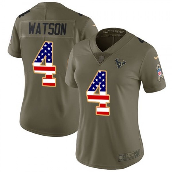 Women's Texans #4 Deshaun Watson Olive USA Flag Stitched NFL Limited 2017 Salute to Service Jersey