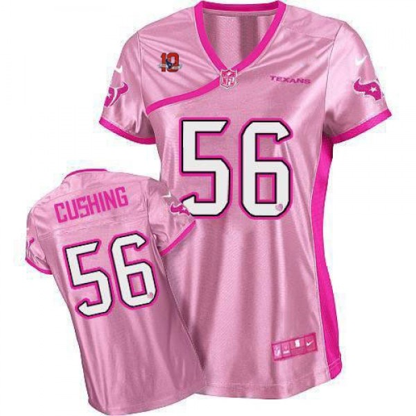 Women's Texans #56 Brian Cushing Pink With 10TH Patch Be Luv'd Stitched NFL Elite Jersey