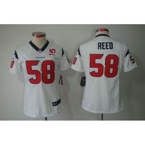 Women's Texans #58 Brooks Reed White With 10TH Patch Stitched NFL Limited Jersey