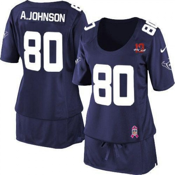 Women's Texans #80 Andre Johnson Navy Blue Team Color With 10TH Patch Breast Cancer Awareness Stitched NFL Elite Jersey