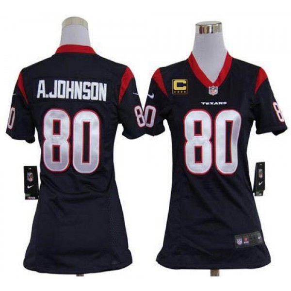 Women's Texans #80 Andre Johnson Navy Blue Team Color With C Patch Stitched NFL Elite Jersey