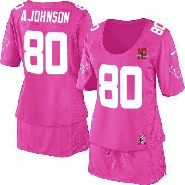 Women's Texans #80 Andre Johnson Pink With 10TH Patch Breast Cancer Awareness Stitched NFL Elite Jersey