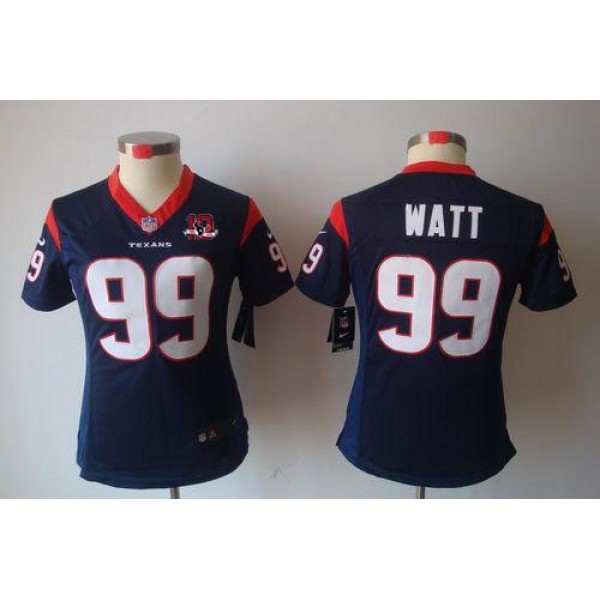Women's Texans #99 JJ Watt Navy Blue Team Color With 10th Patch Stitched NFL Limited Jersey