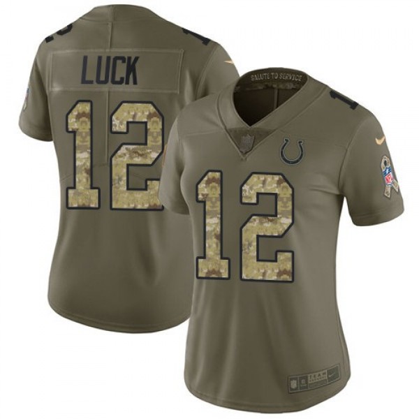 Women's Colts #12 Andrew Luck Olive Camo Stitched NFL Limited 2017 Salute to Service Jersey