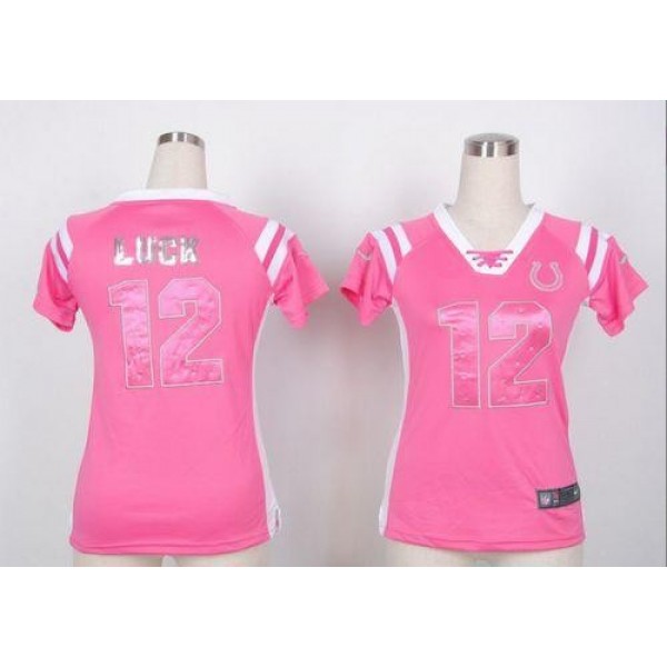 Women's Colts #12 Andrew Luck Pink Stitched NFL Elite Draft Him Shimmer Jersey