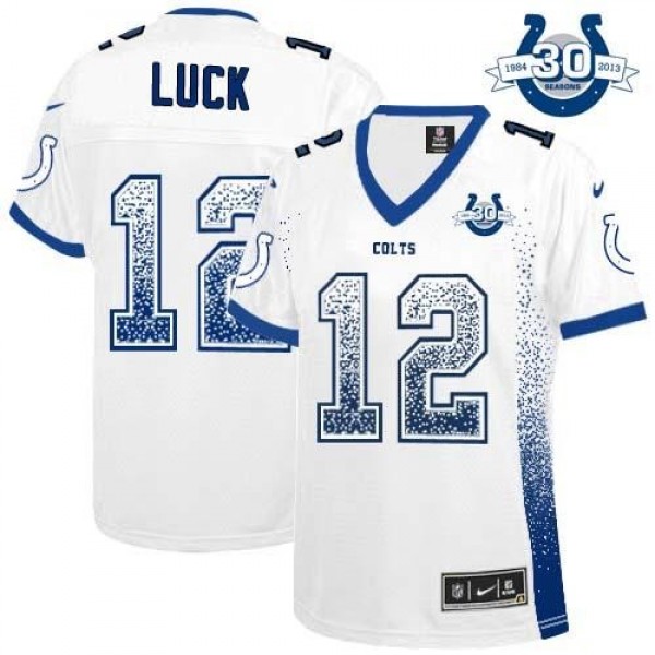 Women's Colts #12 Andrew Luck White With 30TH Seasons Patch Stitched NFL Elite Drift Jersey