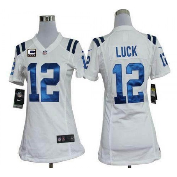Women's Colts #12 Andrew Luck White With C Patch Stitched NFL Elite Jersey