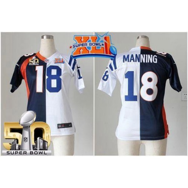 Women's Colts #18 Peyton Manning Blue White Super Bowl XLI Super Bowl 50 Stitched NFL Elite Split Broncos Jersey