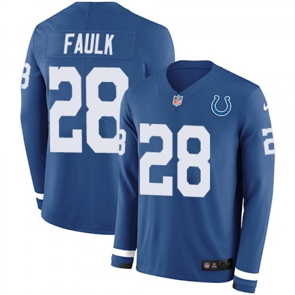 Nike Colts #28 Marshall Faulk Royal Blue Team Color Men's Stitched NFL Limited Therma Long Sleeve Jersey