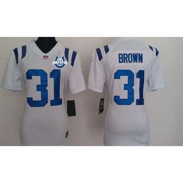Women's Colts #31 Donald Brown White With 30TH Seasons Patch Stitched NFL Elite Jersey