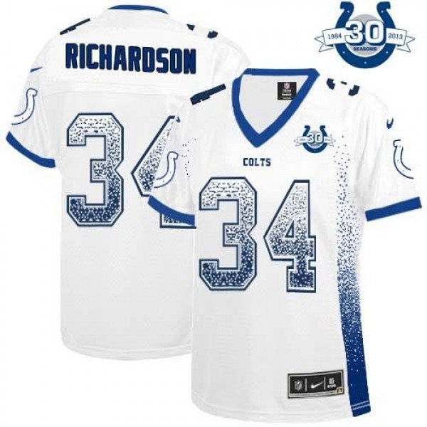 Women's Colts #34 Trent Richardson White With 30TH Seasons Patch Stitched NFL Elite Drift Jersey