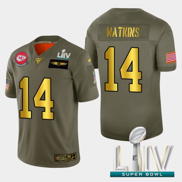 Kansas City Chiefs #14 Sammy Watkins Men's Nike Olive Gold Super Bowl LIV 2020 2019 Salute to Service Limited NFL 100 Jersey