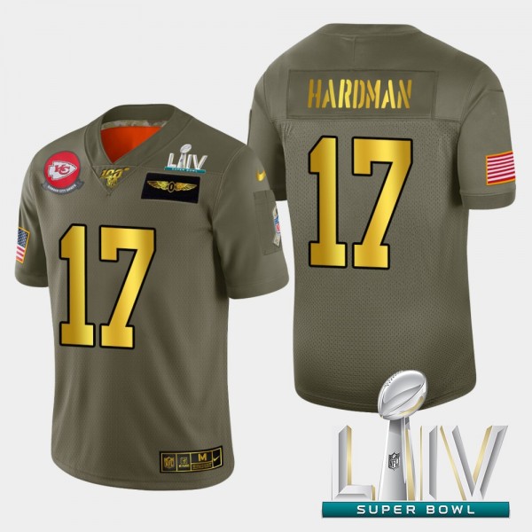 Kansas City Chiefs #17 Mecole Hardman Men's Nike Olive Gold Super Bowl LIV 2020 2019 Salute to Service Limited NFL 100 Jersey