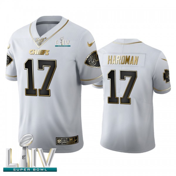 Kansas City Chiefs #17 Mecole Hardman Men's Nike White Golden Super Bowl LIV 2020 Edition Vapor Limited NFL 100 Jersey