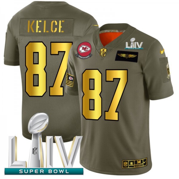 Kansas City Chiefs #87 Travis Kelce NFL Men's Nike Olive Gold Super Bowl LIV 2020 2019 Salute to Service Limited Jersey