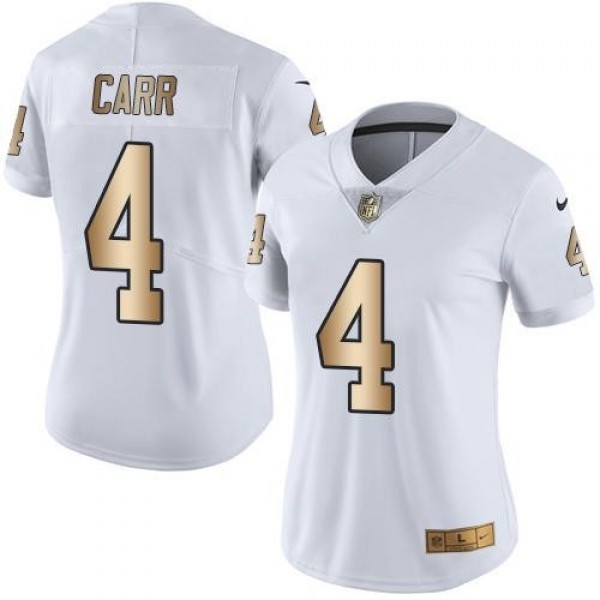Women's Raiders #4 Derek Carr White Stitched NFL Limited Gold Rush Jersey
