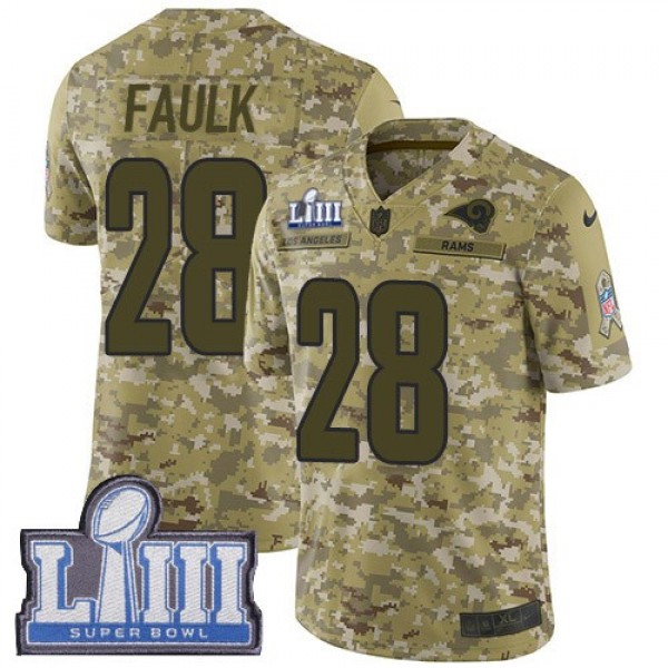 Nike Rams #28 Marshall Faulk Camo Super Bowl LIII Bound Men's Stitched NFL Limited 2018 Salute To Service Jersey
