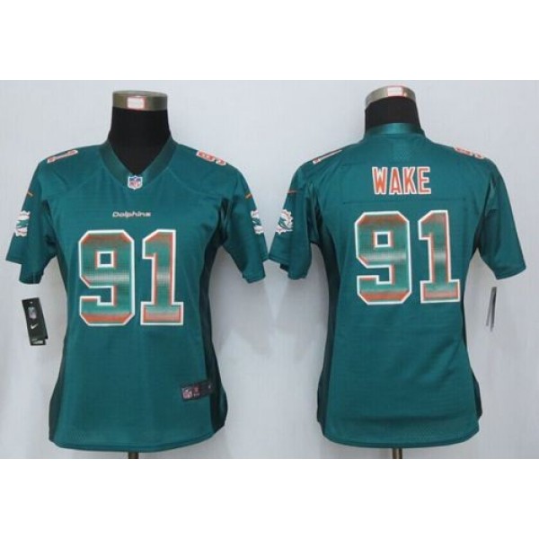 Women's Dolphins #91 Cameron Wake Aqua Green Team Color Stitched NFL Elite Strobe Jersey