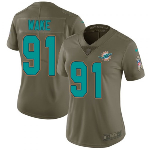 Women's Dolphins #91 Cameron Wake Olive Stitched NFL Limited 2017 Salute to Service Jersey
